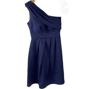 Jenny Yoo One Shoulder Hammered Satin Navy Dress